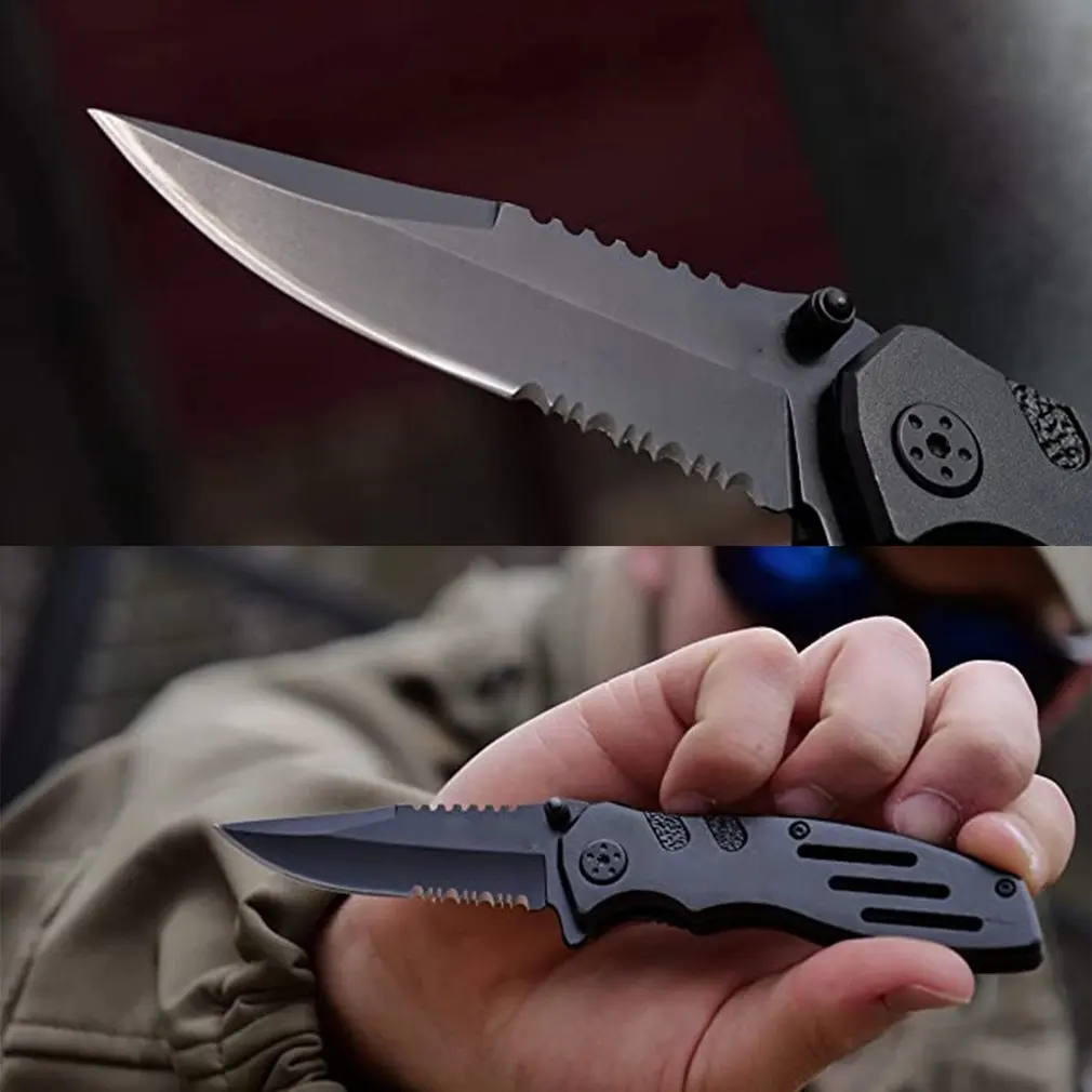 

Serrated Folding Knife With Pointed Blade Outdoor Pocket Knife Smart Thumb Knob Mini Saber Aluminum Handle stainless steel