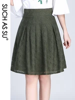 such as su women 2022 spring summer lace high waist ladies black brown green knee length s xxxl size female a line skirt