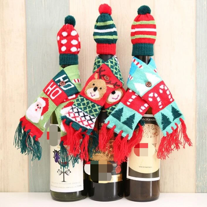 2pcs/lot Wine Bottle Knitting Hats + Scarf Creative wine bottle Cover Christmas decoration