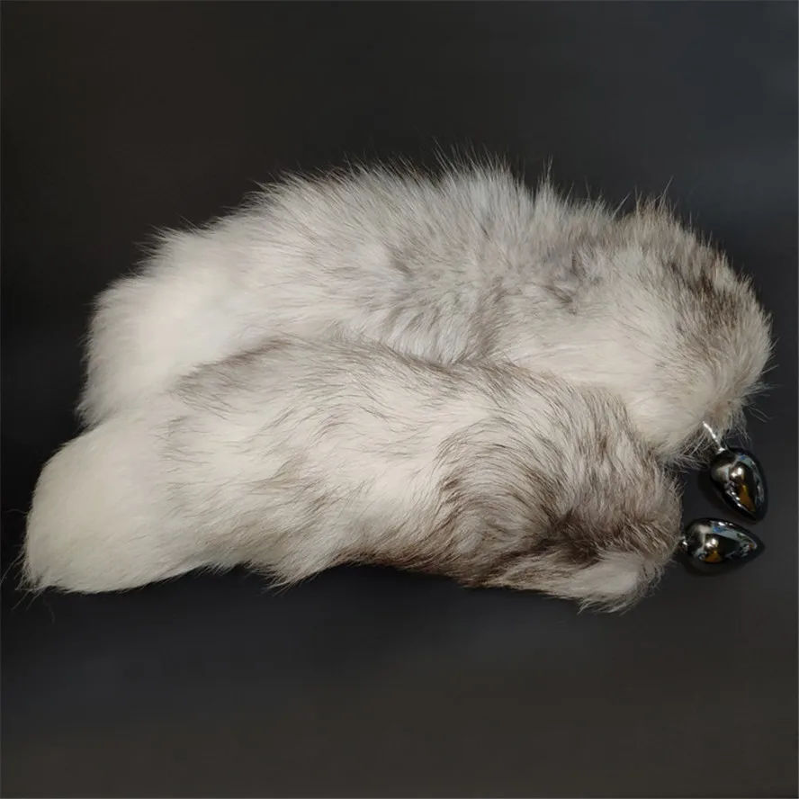 Анальная пробка с настоящим хвостом крестовой лисы, металлическая задница, секс-игрушки для пар, эротический косплей, серый белый хвост, 3 размера на выбор.