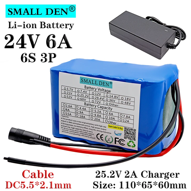 

Литий-ионный аккумулятор 24 В, 6 Ач, 18650, 6S3P, 350 Вт, 6000 мАч, аккумулятор для электровелосипеда, мопеда с зарядным устройством BMS + 25,2 в, 2 А
