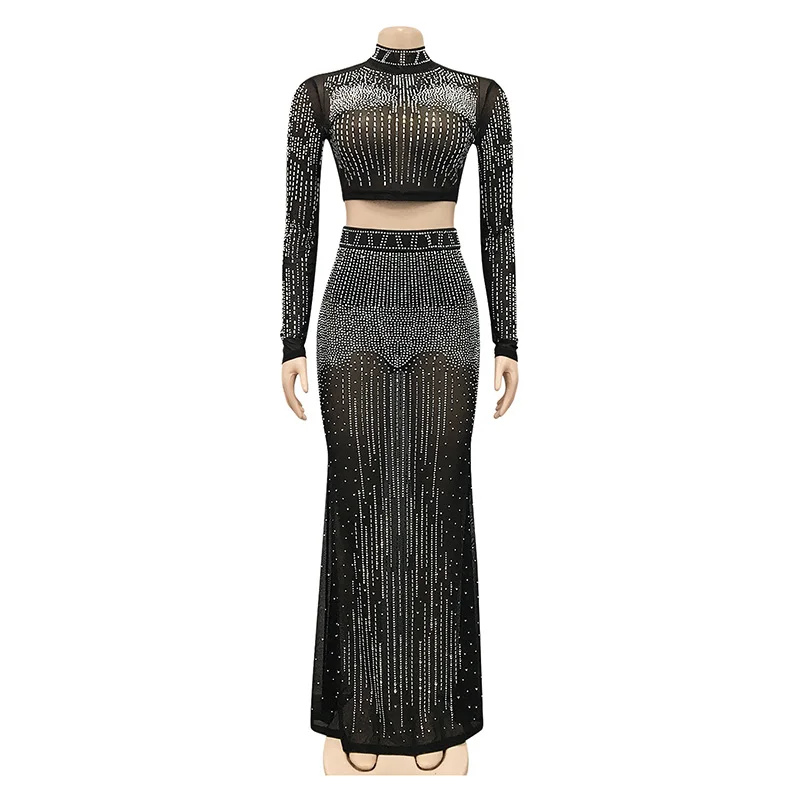 kricesseen sexy mesh hot drilling see through skirt set women crystal long sleeve top and maxi skirt suits clubwear outfits free global shipping