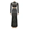 Kricesseen Sexy Mesh Hot Drilling See Through Skirt Set Women Crystal Long Sleeve Top And Maxi Skirt Suits Clubwear Outfits 2