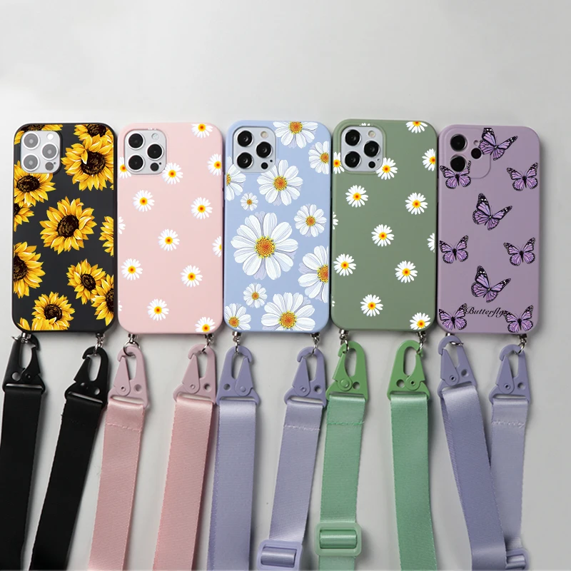 Flower Crossbody Lanyard Neck Strap Case For iPhone 12 Mini 11 Pro Max X XR XS Max 7 8 6 6s Plus 5 5S SE Soft Bumber Cover Funda