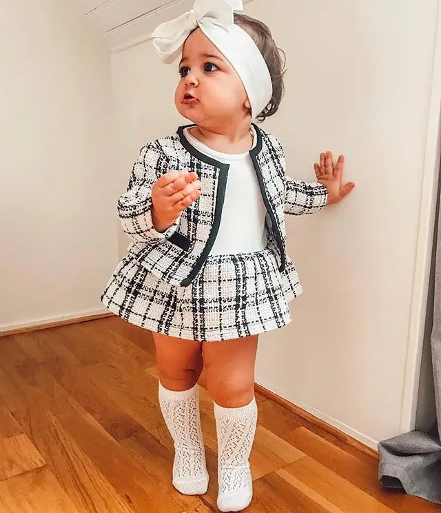 Fashion Baby Birthday Kid Girl Clothes Outfit Tutu Skirt Dress+ Plaid Coat Top 2Pcs Party Warm Small Fragrance Set | Мать и ребенок