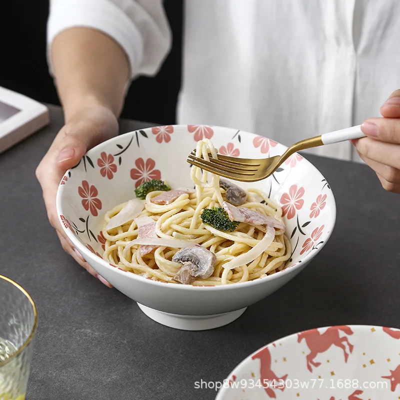

Nordic 7-inch commercial household ceramic bamboo hat noodle bowl Large soup bowl Salad bowl instant noodle bowl tableware
