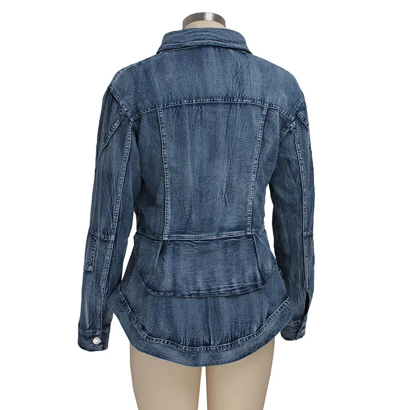 Женская Повседневная синяя джинсовая куртка с баской и длинным рукавом |