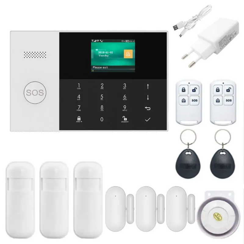 

1Set Wireless WIFI GSM GPRS Alarm System Home Security APP Remote Control RFID Card Arm Disarm Kit with Colorful Screen SOS