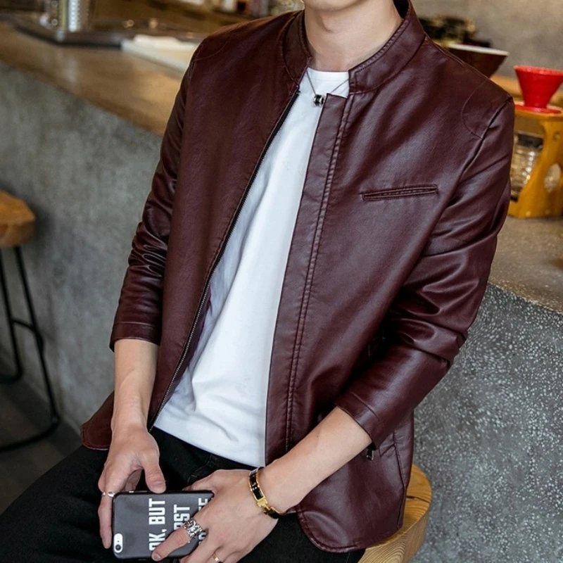 Куртка-бомбер мужская осенне-зимняя из искусственной кожи с воротником-стойкой