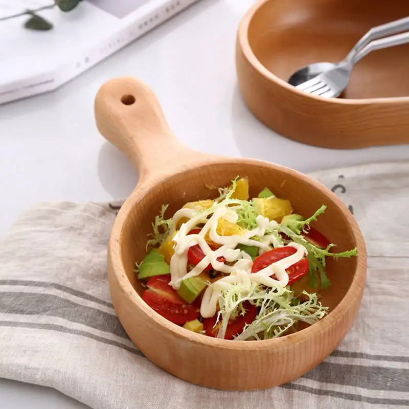 

2021 Top Kitchen Accessories Wood Salad Kimchi Bowl With Handle Breakfast Cereal Fruit Bowl Soup Dinnerware Water Scoop Dropship