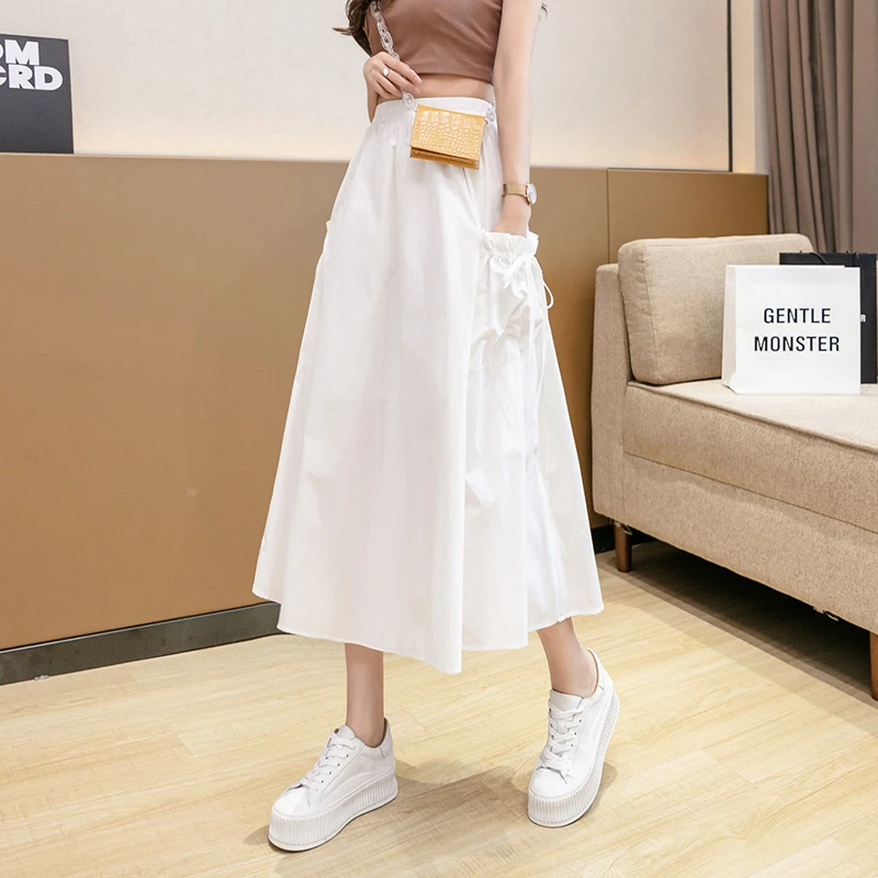 

Skirts Women Solid Color White Black Korean Harajuku Elastic Waist A-line Skirt Woman Spring High-waist Fashion Summer Skirts