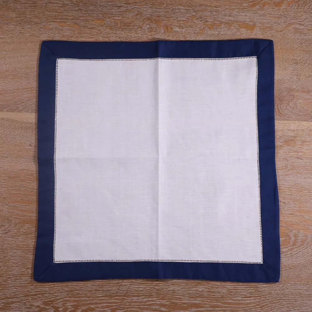 N037-DB-20: 12pieces White Hemstitch Dinner Napkins Dark Blue hem Ramie Cotton Blend Ladder table linen | Дом и сад