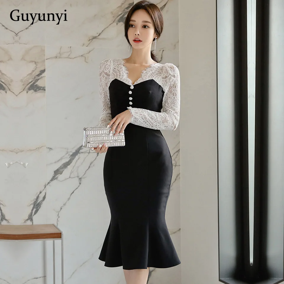 Женское офисное платье с длинным рукавом элегантное черное ажурное V-образным