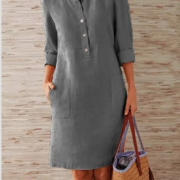 

Повседневное платье для женщин, длинное платье с круглым вырезом, длинным рукавом и карманами на пуговицах, большие размеры, свободное Повс...