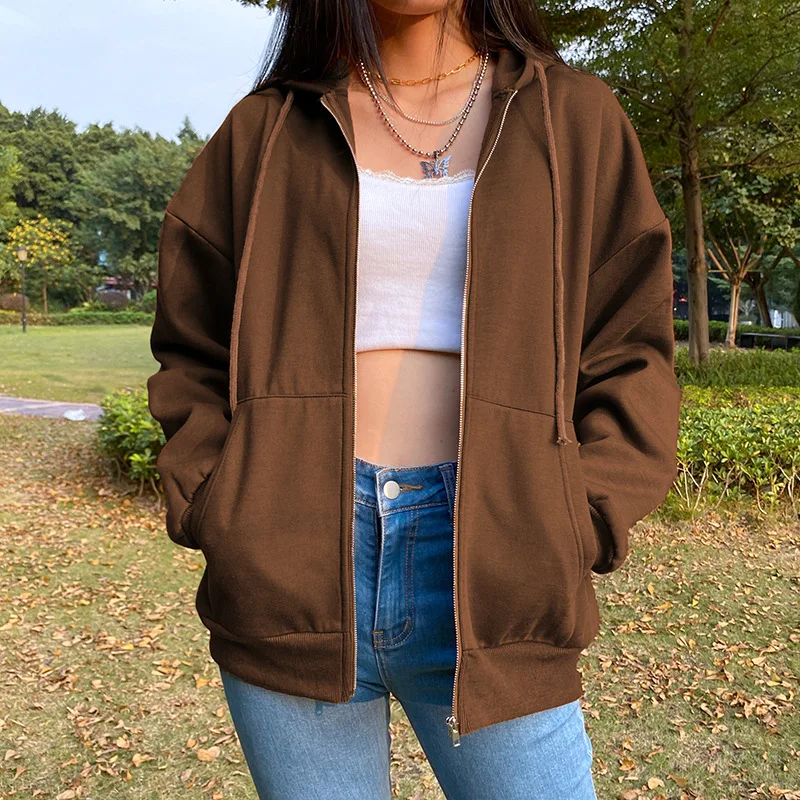 

Brown Zip Up Hooded Sweatshirts Women 2021 Vintage Pockets Oversized Jacket Coat Autumn Female Y2K Aesthetic Long Sleeve Hoodie
