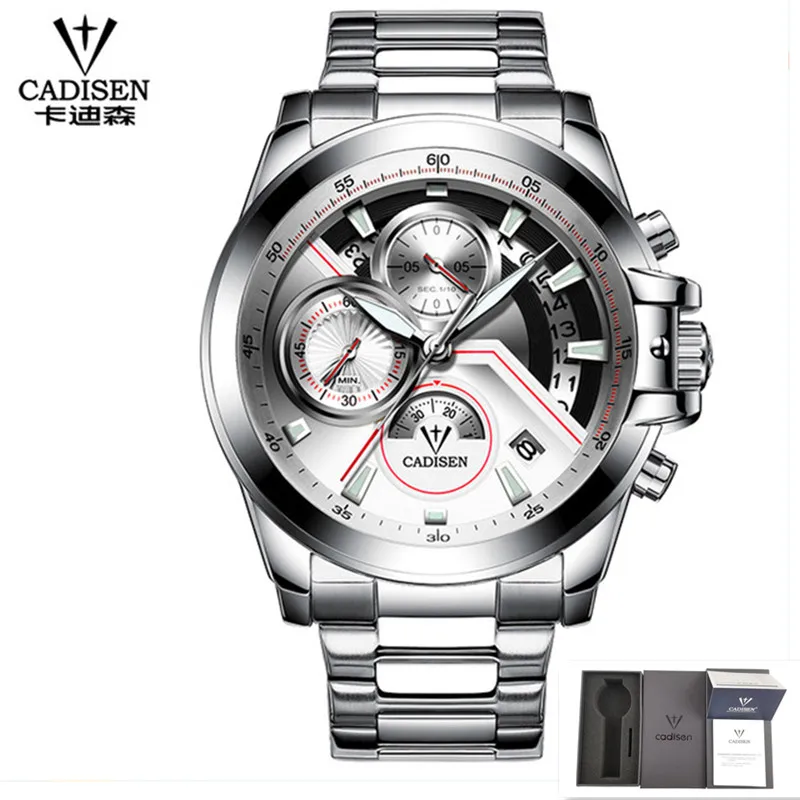 Steel white box CADISEN, мужские часы, Топ бренд, Роскошные, военные, армейские, спортивные, повседневные, водонепроницаемые, мужские часы, кварцевые, нержавеющая сталь, наручные часы - Цвет: Steel white box
