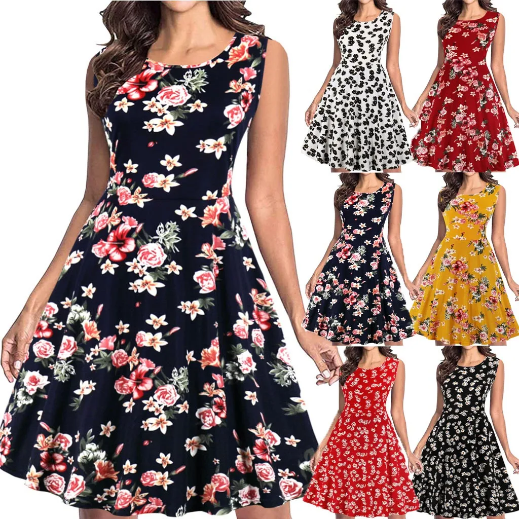 Женское винтажное платье без рукавов с круглым вырезом бальное цветочным