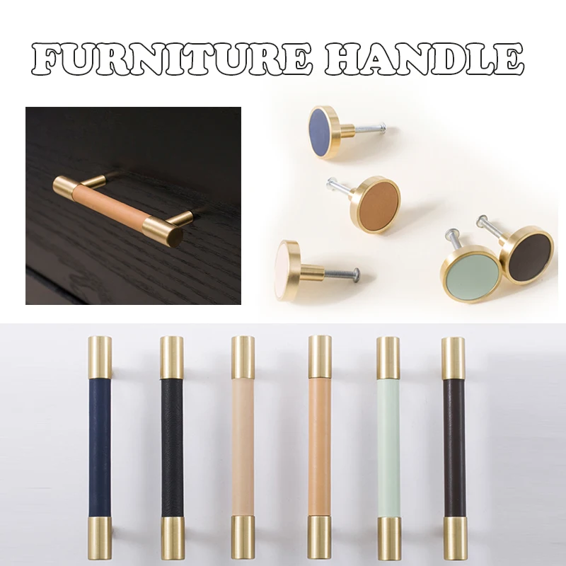 

Nordic Style PU Leather + Brass Door Drawer Double Hole Cabinet Handle Kitchen Cupboard Door Pulls Furniture Handle