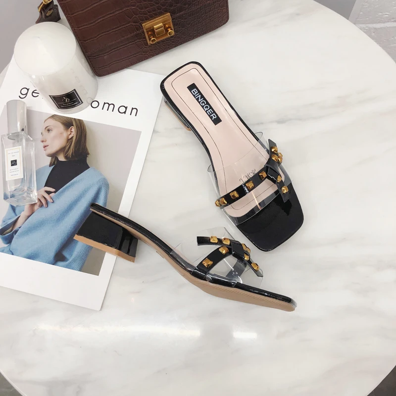 

Summer Transparent Mules Ladies Slippers Slides Slippers Women Shoes Rivet Bow Knot Color Peep Toe Square Mid Heels Shoes Woman