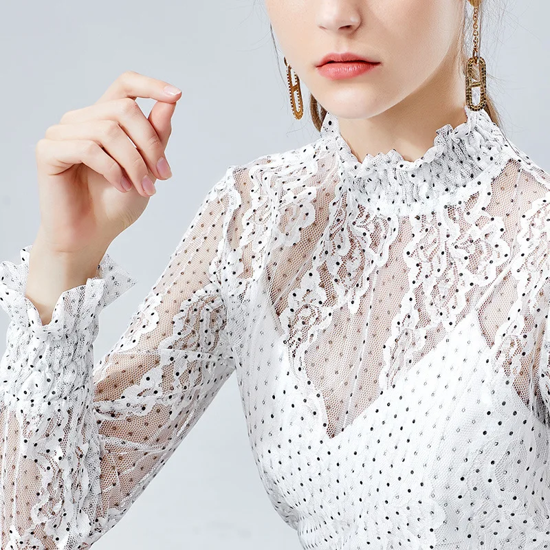 

European station net bottomed shirt thin spring and autumn women's wear European small shirt foreign style lace top women's wear