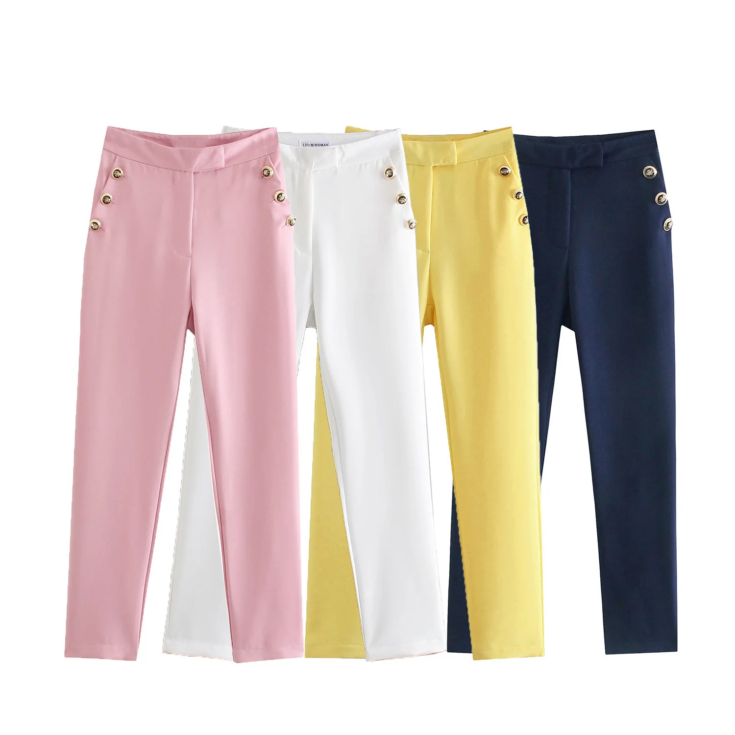 

Women Fashion Front Pockets With Buttons Office Wear Pants Vintage High Waist Zip Fly Female Ankle Trousers Mujer
