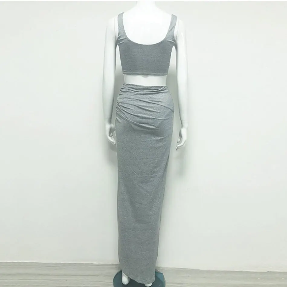 

Free Shipping 2020 New Fashion Women Sexy Set Vest Short Top & Split Midi Skirt Set Gray Summer Women's Simple Two-piece Sets