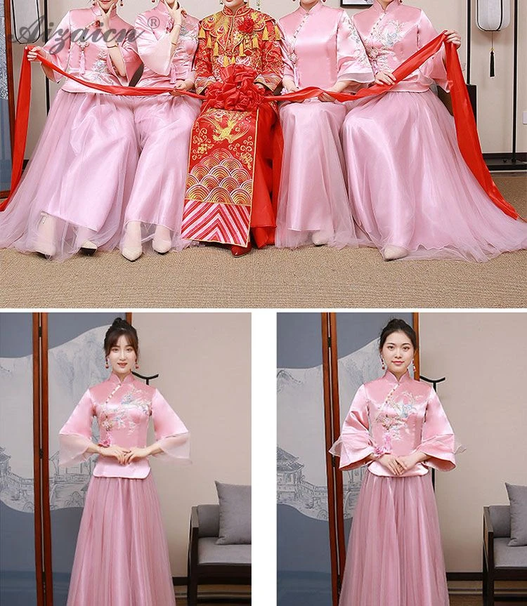 Модная розовая Пряжа юбка длинный Cheongsam Современная Подружка невесты винтажное платье Qi Pao женское традиционное китайское платье Qipao акция