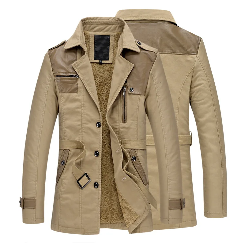 

Casual Warm Men Patch Leather Trench Male Windbreaker Plush Stitching Loose Trench Business Casual Trench Patch Leather Coat