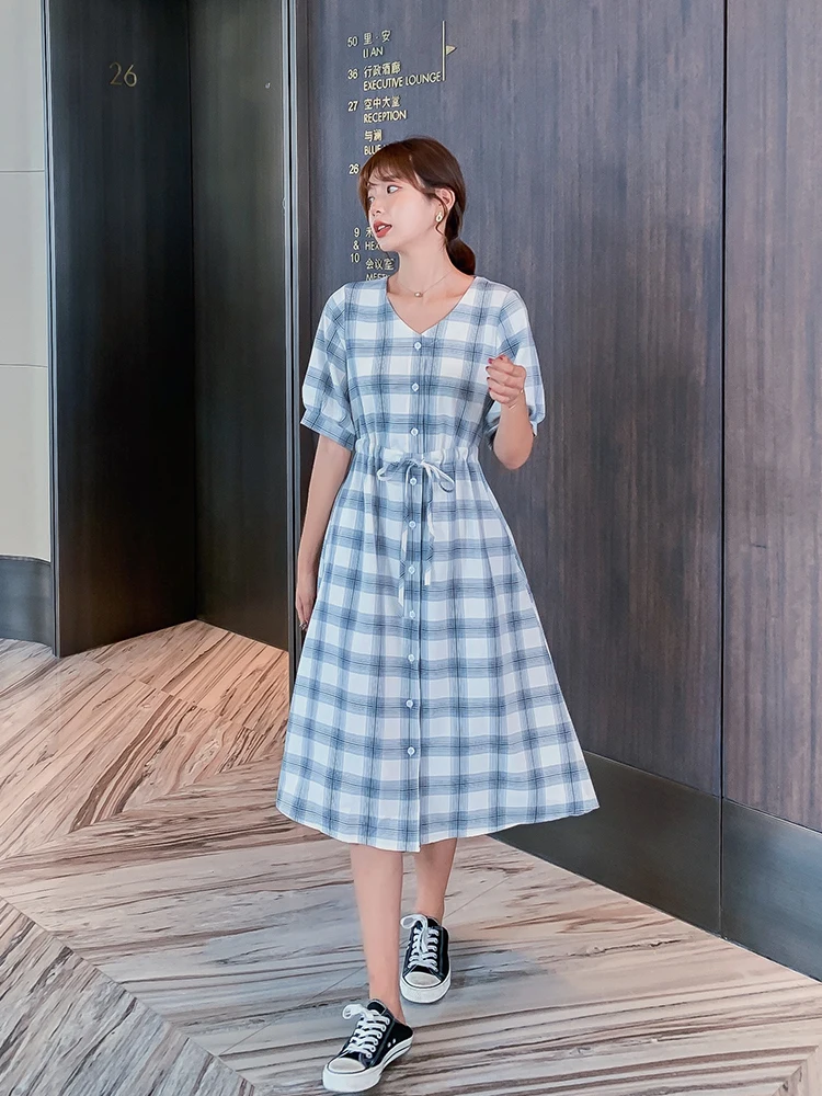 

Women Midi Plaid Cotton Dress Summer 2020 Runway Elegant Korean Casual Party Shirt Dress Korean Style