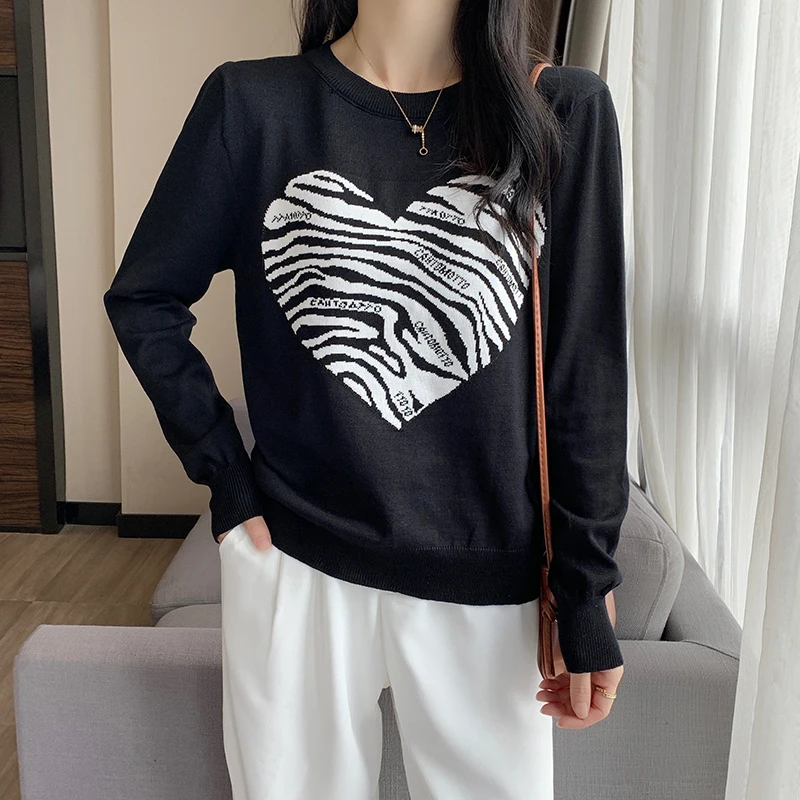 

Женский джемпер с круглым вырезом Y2k, Повседневный шерстяной джемпер с длинным рукавом, черный Жаккардовый джемпер с круглым вырезом, уличн...