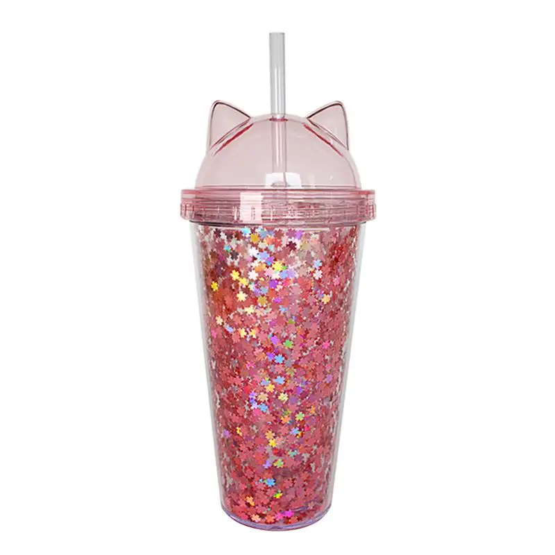 

1Pc 420ml Pink Sequin Double Layer Cup Cat Ear Shape Double-walled Water Cup Plastic Straw Cup