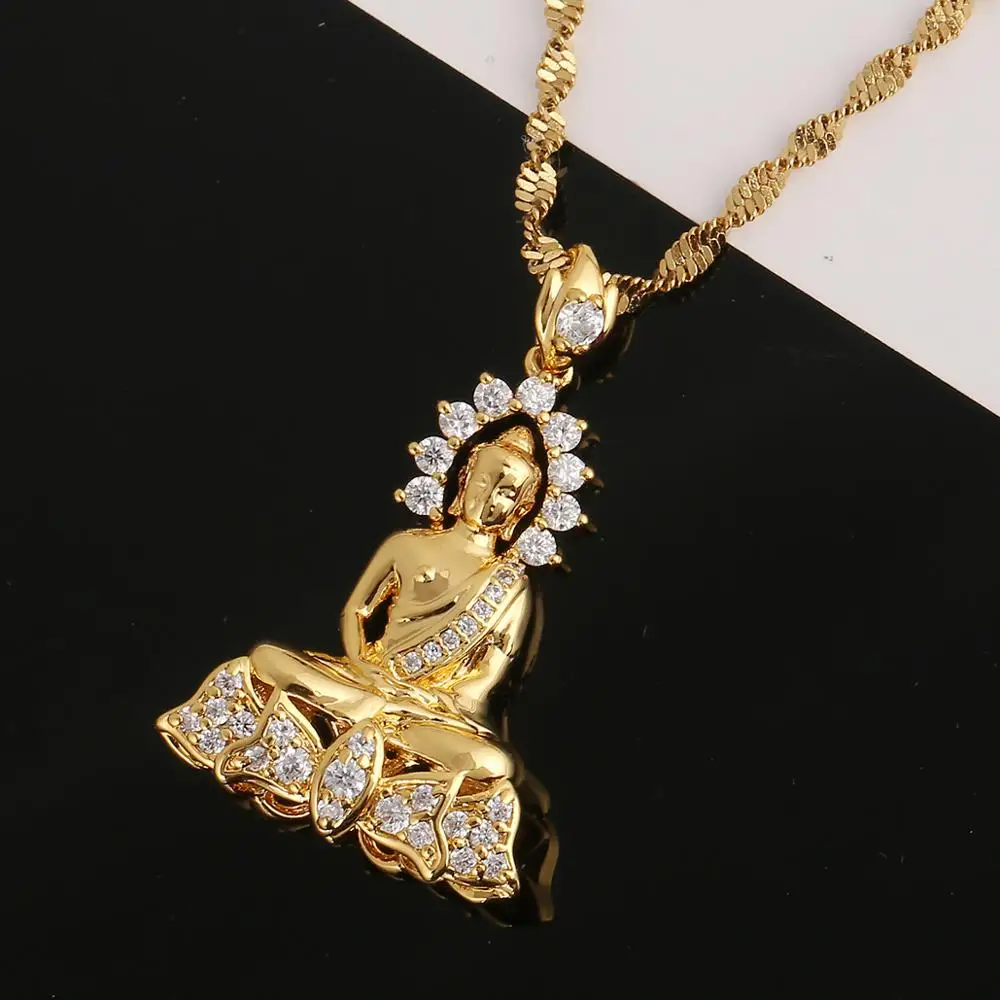 Gold Color Vintage Tibetan Amitabha Buddha Buddhist Pendant Necklace Chain Jewelry