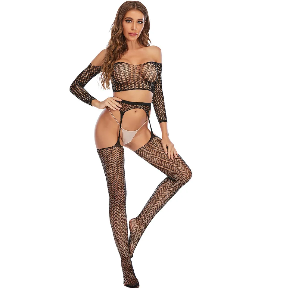 

Women Sexy Lingerie Open Crotch Body Stocking Crystal Black Mesh Long Sleeve Bodystocking