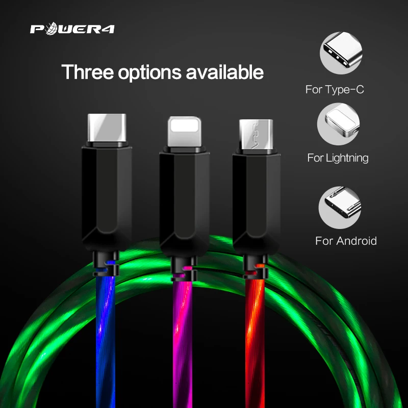 USB кабель с подсветкой Power4 Micro USB/Type C/Lightning QC 2.0 зеленый/синий/красный|Кабели для