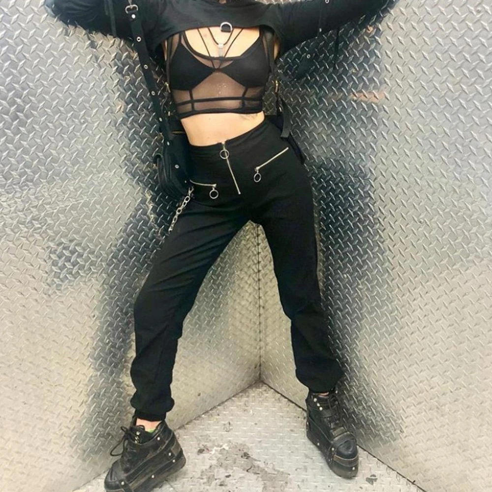 

Trousers Gothic Zipper Women Long Pants All Black Ladies Slacks CargoPants Fashion Casual Female Trousers Legging D30
