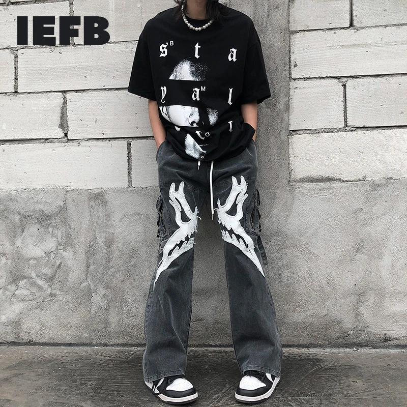 

Джинсы IEFB мужские в стиле Хай-стрит, рабочая одежда с вышивкой, Модные свободные джинсы в стиле хип-хоп, джинсовые брюки с эластичным поясом, ...