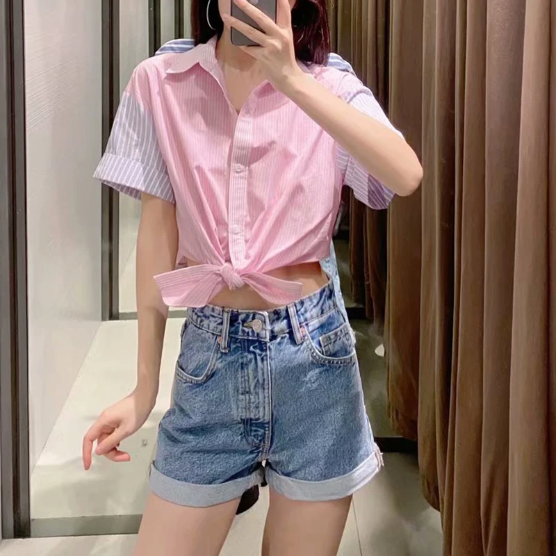 

HWLZLTZHT Summer Shirt 2021 Short Sleeve Cropped Pink Top Chic Knot Hem Striped Blouse Woman Pleat Button Up Patchwork Shirts