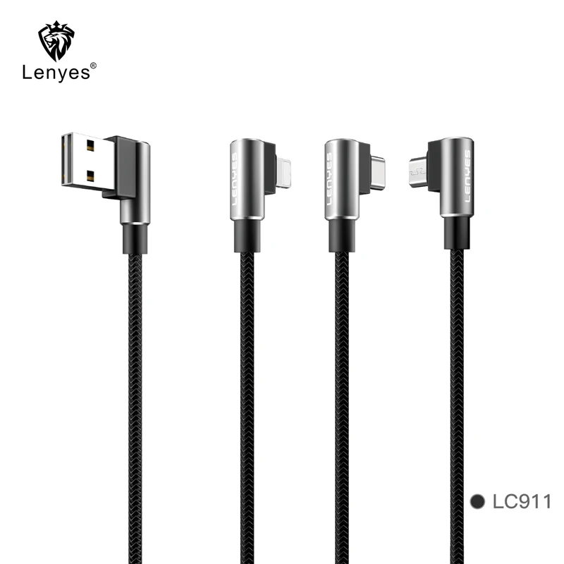 Lenyes l-образный USB кабель 90 градусов Реверсивный 2.4A 3 фута нейлоновый плетеный