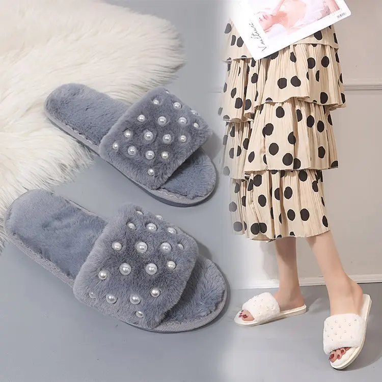 

Shoes Women Ladies' Slippers Winter Footwear Flock Med String Bead Luxury Slides Soft Girl Massage Designer Flat Rome Short Plu