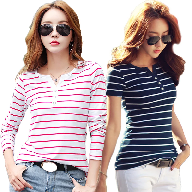 Женская хлопковая футболка в полоску с коротким рукавом весна-лето-осень женская