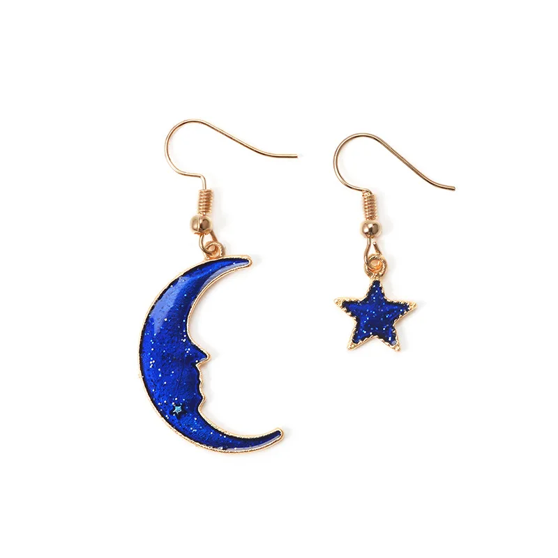 

QW New Dream Planet Earrings Japanese and Korean Girl Heart Blue Star Earrings Small Fresh Long Asymmetric Earrings