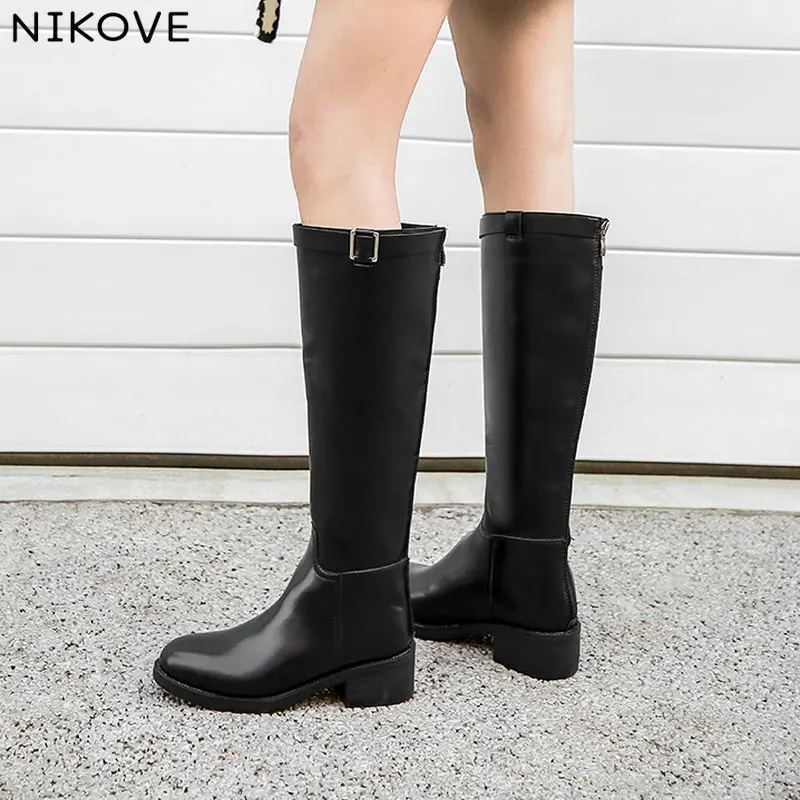 

NIKOVE 2019 Women Over The Knee High Boots Leather+pu Elegant Black Round Toe Square Low Heel Women Shoes Size 34-43