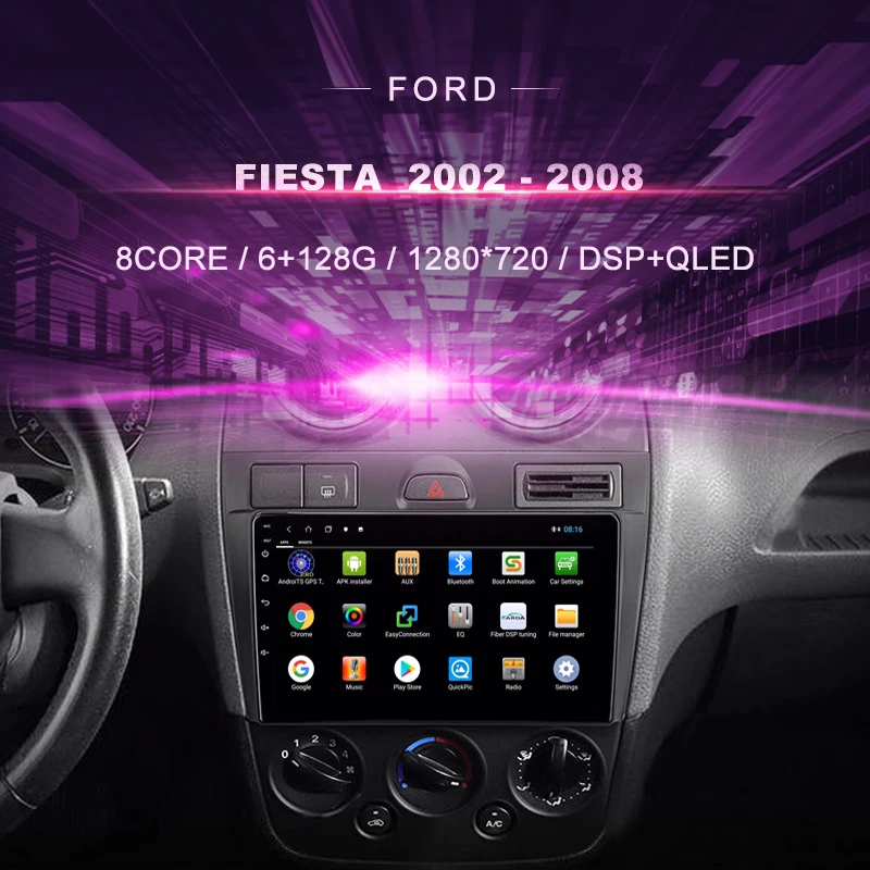 

Автомобильный DVD-проигрыватель для Ford Fiesta 2002-2008, автомобильный радиоприемник, мультимедийный видеоплеер, навигатор GPS, Android 9, двойной DIn