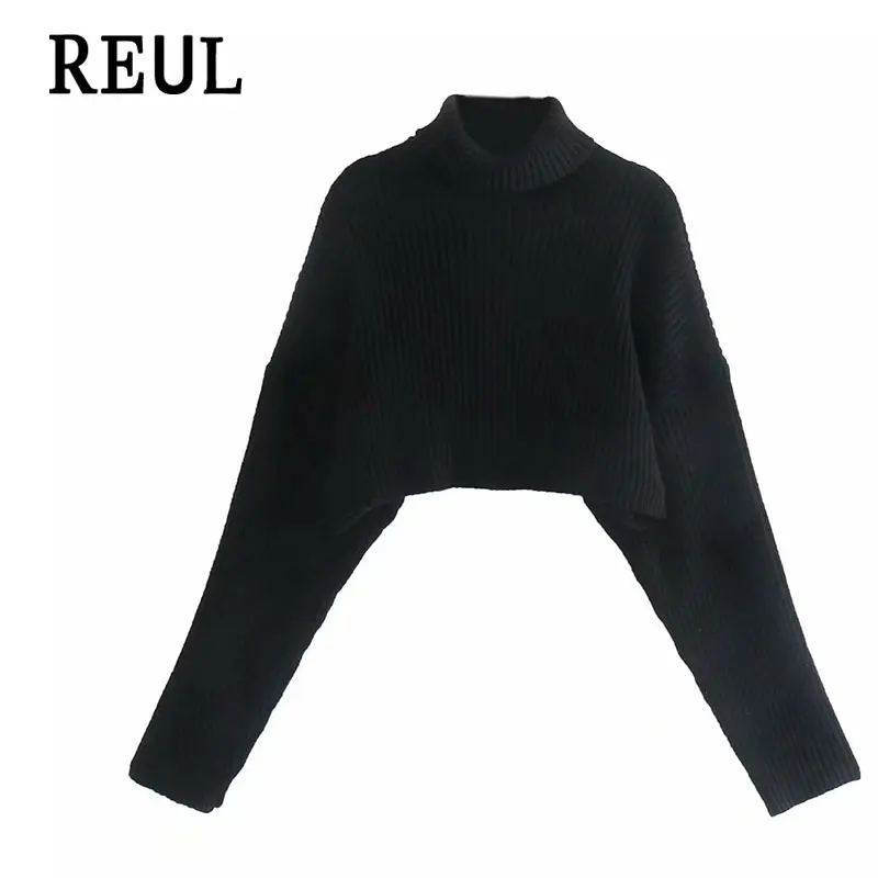 

Женский короткий свитер Za, черный вязаный винтажный пуловер с длинным рукавом и высоким воротом, осень 2021