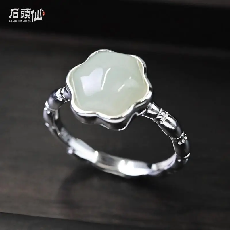 

S925 Sterling Silver Ring Female Natural Hetian Jade Flower Personality Retro with Opening Adjustable Simple Ring Ring Ornament