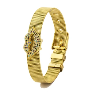 AIBEF Delicate Tiny Micro Cubic Zirconia Jewelry Sexy Lip Bangle Adjustable Stainless Steel Bracelet Women Girls Birthday Gift