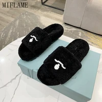 2021 woman new fashion platform slippers luxury real wool outdoor peep toe casual slippers female brand female furry slippers