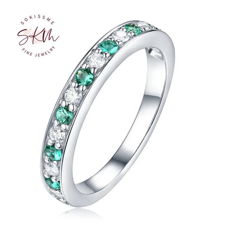 

SKM Emerald Diamond Wedding band women Delicate Half band Row ring Promise Stacking Matching band Anniversary gift