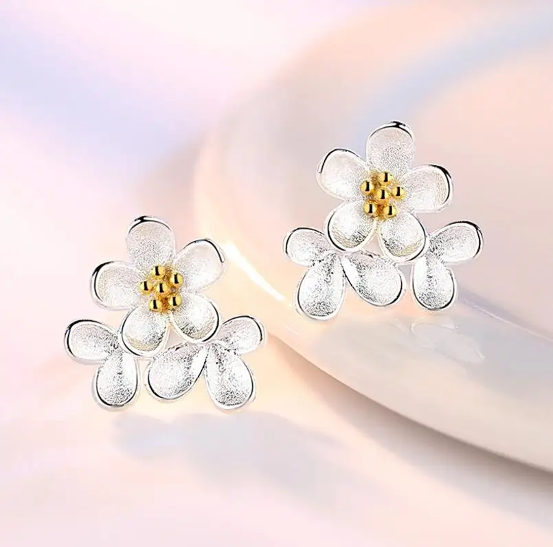 925 Sterling Silver Cherry Blossoms Flower Stud Earrings Gold Stamens For Women Jewelry S-E125 | Украшения и аксессуары