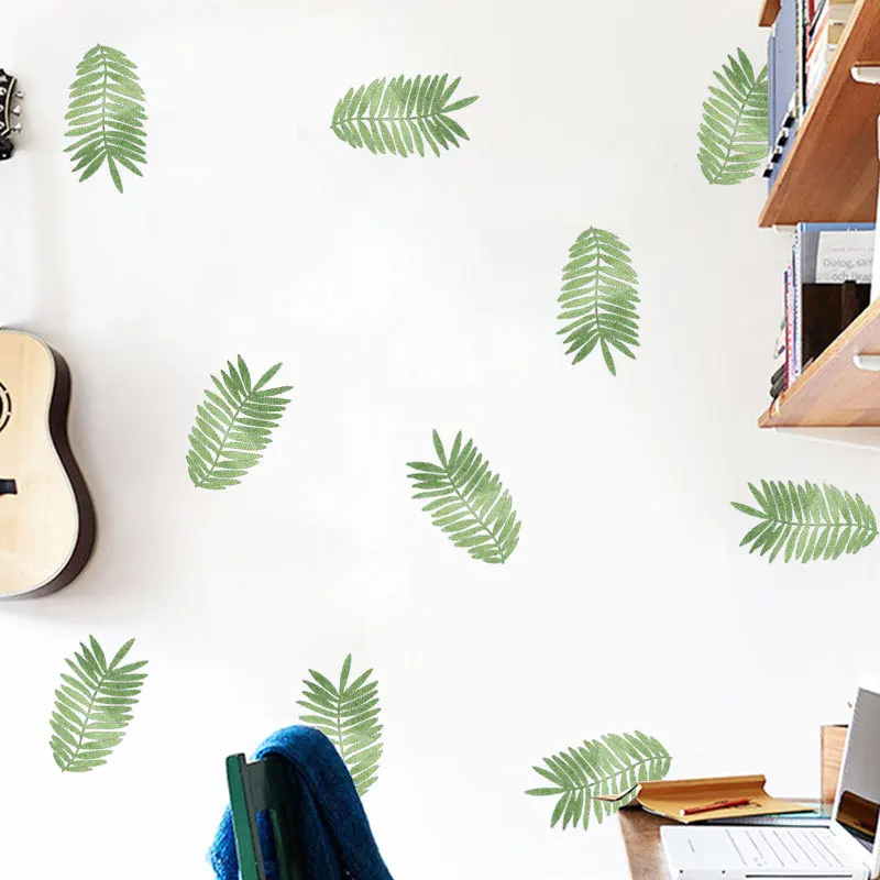 

Tropical Green Leaves PVC Wallpaper Pastoral Style Craft Wall Sticker Living Room Decor For Kids Nursery Mural, 6pcs.